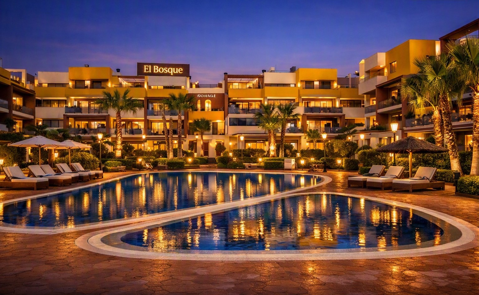 Evening view of a resort courtyard with illuminated pool, palm trees, and warm-lit buildings.